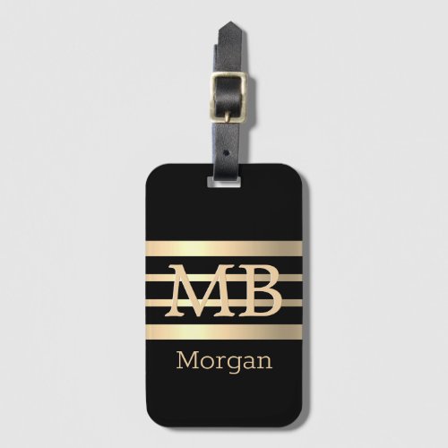 DIY 3_D Gold MonogramName BkGold Stripes Black Luggage Tag