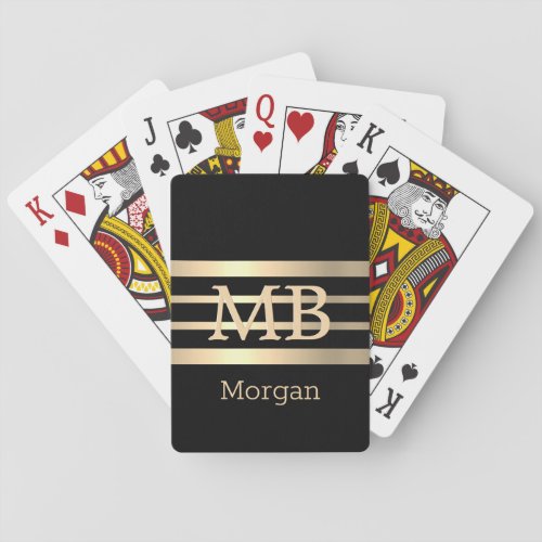 DIY 3_D Gold MonogramName BkGold Stripes Black Playing Cards