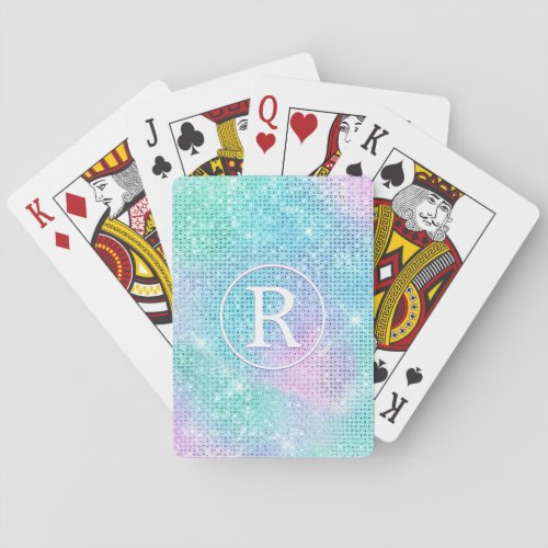 DIY 3_D White Monogram Circle Iridescent Sparkle Poker Cards