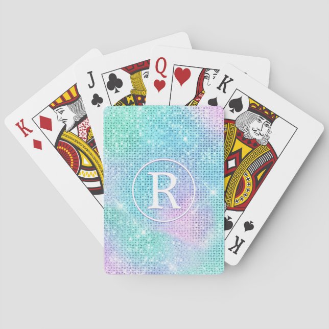 DIY 3-D White Monogram Circle, Iridescent Sparkle Poker Cards (Back)