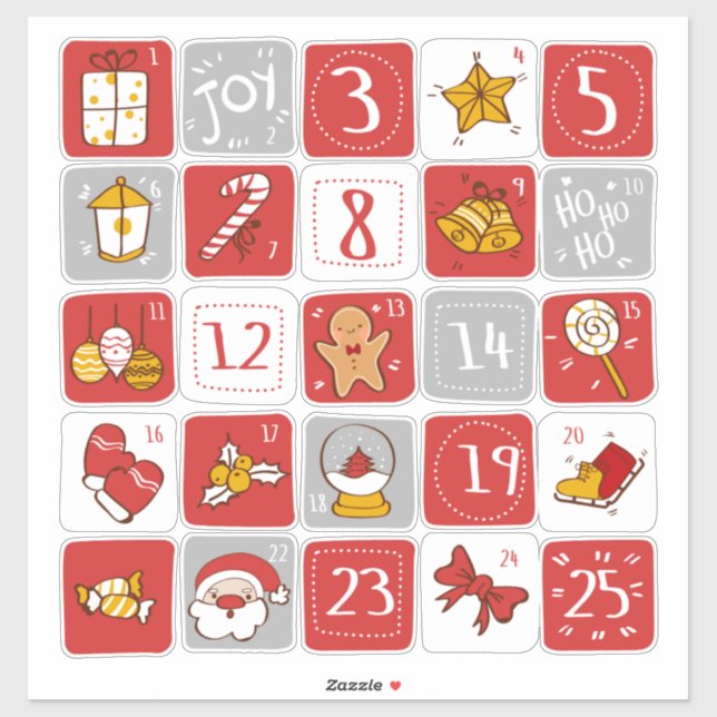 DIY Advent Calendar Stickers RED GRAY Christmas  (Sheet)