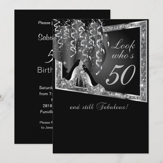 DIY Age Birthday Party | Silver Glitter & Black Invitation (Front/Back)