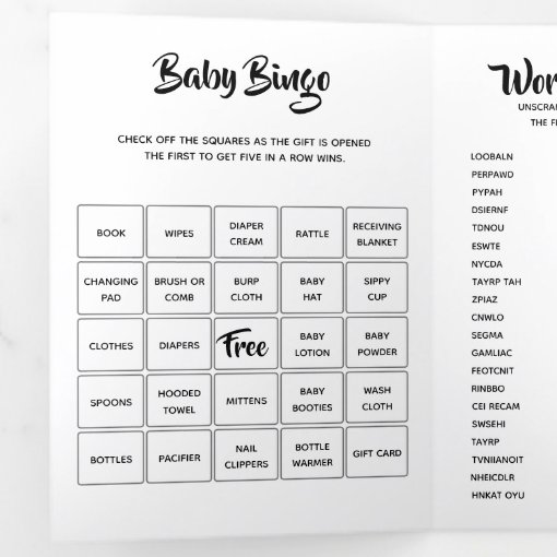 DIY baby games bingo, scramble, time capsule Tri-Fold Invitation | Zazzle