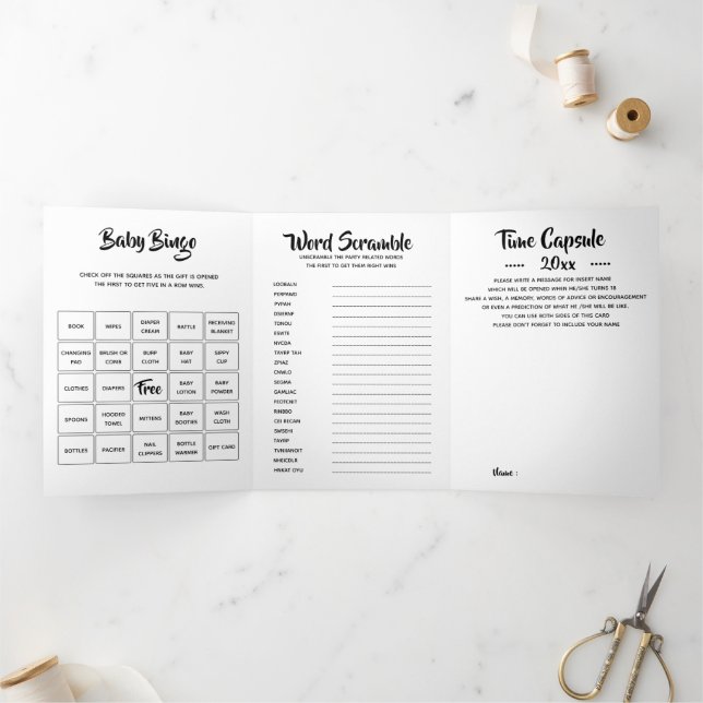 DIY baby games bingo, scramble, time capsule Tri-Fold Invitation (Inside)