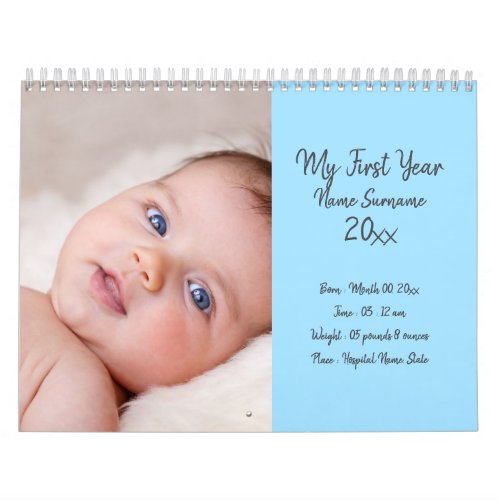 DIY baby photo first year new parents picture blue Calendar