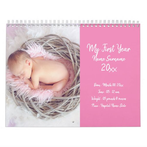 DIY baby photo first year new parents picture pink Calendar