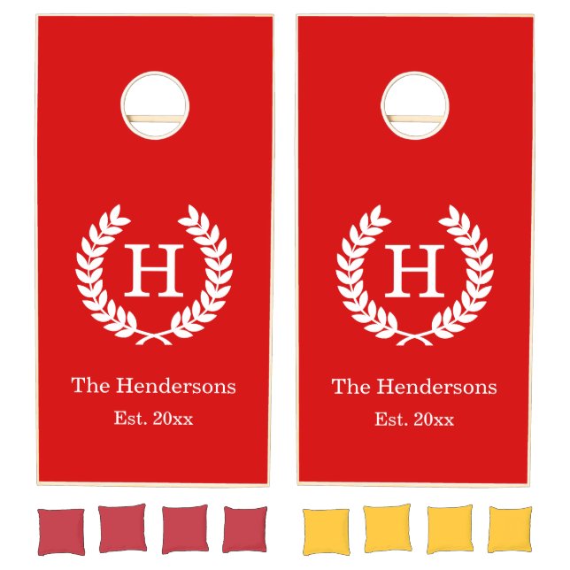 DIY BG Laurel Frame Name Monogram SV White Red Cornhole Set (Set)