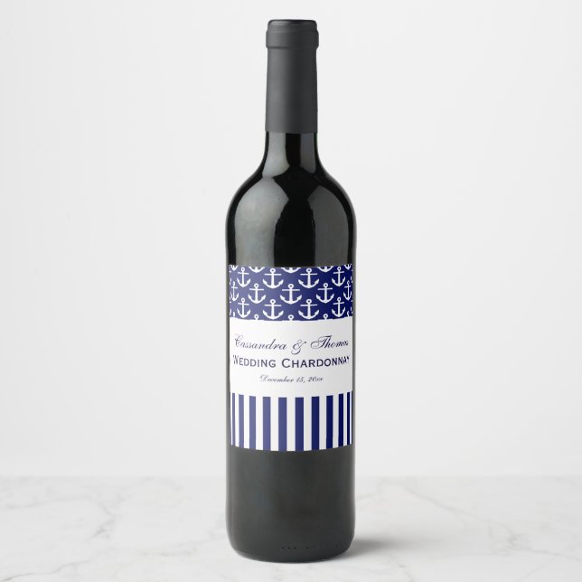 DIY BG Navy White Anchor Stripe Party Wine Label (Front)