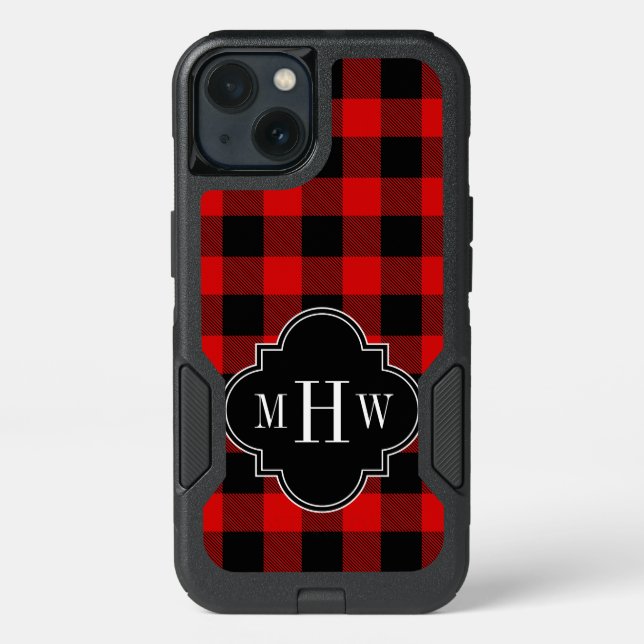 DIY BG Red Black Buffalo Plaid 3I Monogram Otterbox iPhone Case (Back)