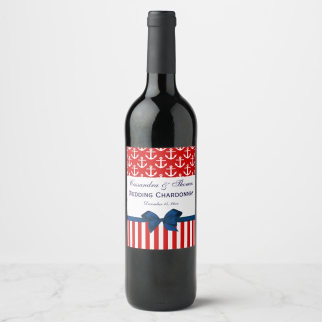 DIY BG Red Wt Anchor Stripe #2 Navy Blue Bow Party Wine Label (Front)