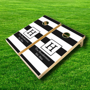 DIY BG Stripe Frame Name Monogram SV Black White Cornhole Set