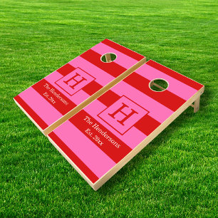 DIY BG Stripe Frame Name Monogram SV Red Hot Pink Cornhole Set