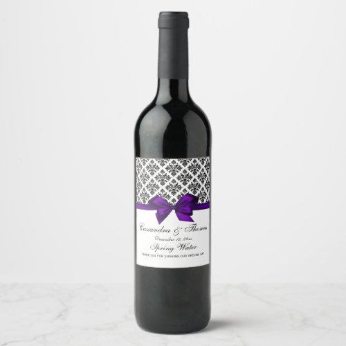 DIY BG Vintage Black Wht Damask Purple Bow Wine Label