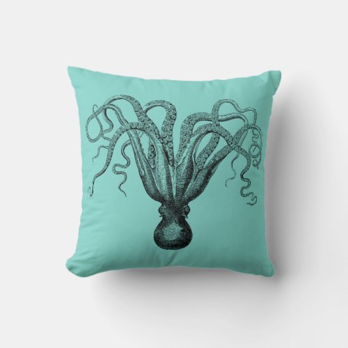 DIY BG Vintage Octopus Drawing 8 Black Turq Throw Pillow