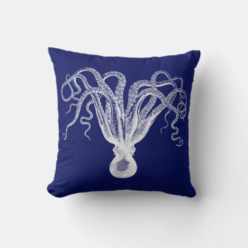 DIY BG Vintage Octopus Drawing 8 White Blue bg Throw Pillow