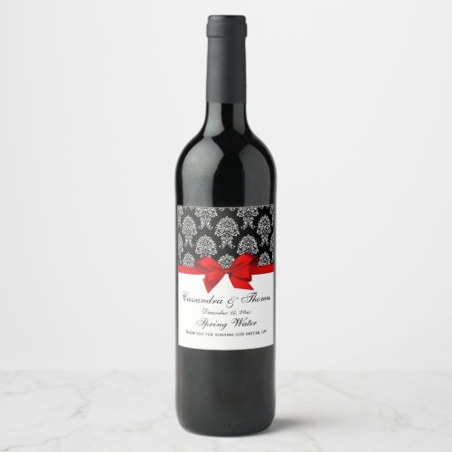 DIY BG Vintage White Damask 6 on Black Red Bow Wine Label