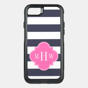 DIY BG Wht H Stripe #5 Hot Pink 3 Initial Monogr OtterBox Commuter iPhone SE/8/7 Case