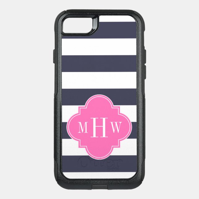 DIY BG Wht H Stripe #5 Hot Pink 3 Initial Monogr Otterbox iPhone Case (Back)