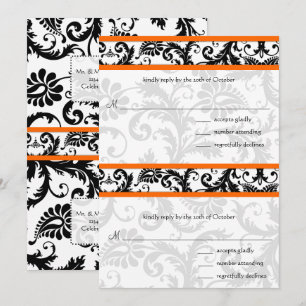 DIY Black Damask Orange RSVP Wedding Invitation