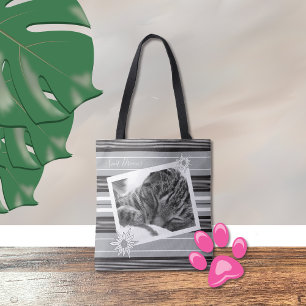 DIY black & white striped tote bag with cat photo