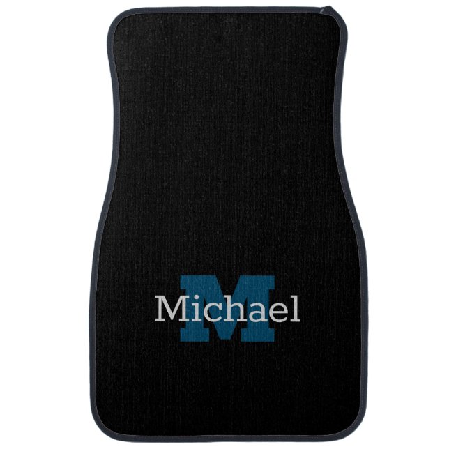 DIY Black With Gray Name & Ocean Blue Monogram Car Floor Mat (Front)