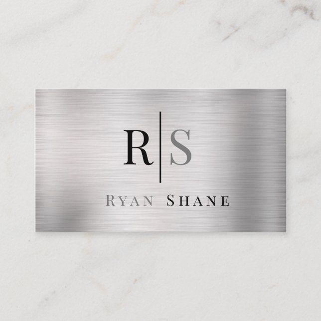 DIY Blk & Grey Monogram & Name, Brushed Silver Business Card (Front)