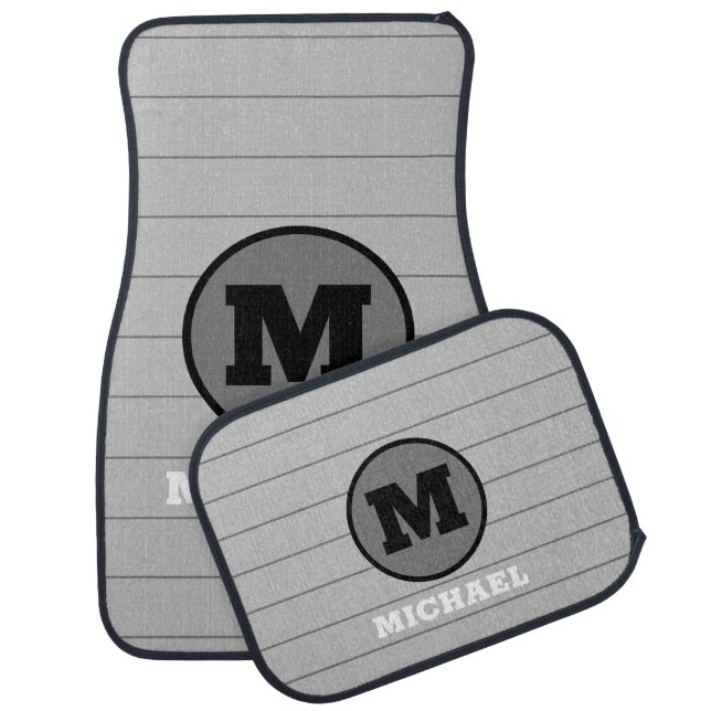 DIY Bold Black Monogram, Horizontal Gray Lines Car Floor Mat (Set)