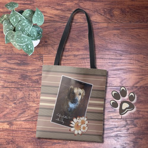 DIY brown stripes tote bag with dog photo  quote