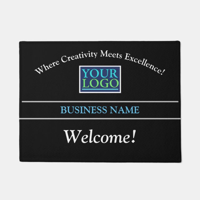 DIY Business Name, Logo, Black, Grey Stripes Doormat (Front)