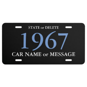 DIY Car Year/Name, State Large Blue Numbers, Black License Plate