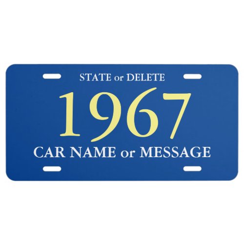 DIY Car YearName State Large Yellow Numbers Blue License Plate