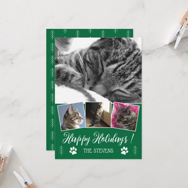 DIY Cat Photo Collage Green Holiday Flat Card (Front/Back In Situ)