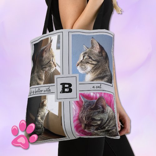 DIY cat photo collage with quote gray tote bag