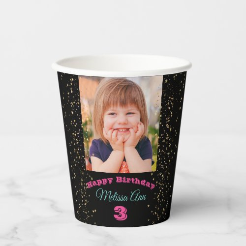 DIY Childs PhotoName Happy Bday Stars Black Paper Cups