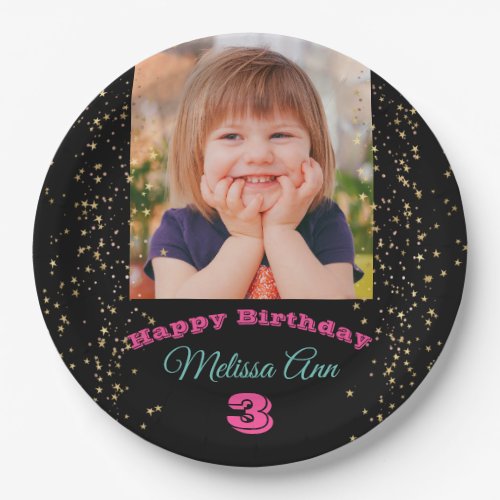 DIY Childs PhotoName Happy Bday Stars Black Paper Plates