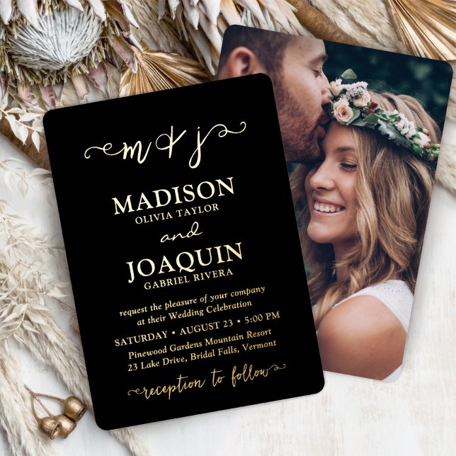 DIY Color Elegant Script Initials Photo Wedding Foil Invitation (Creator Uploaded)