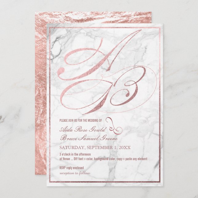 DIY Color, Monograms, Faux Rose Gold Fancy Script Invitation (Front/Back)