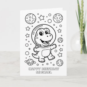 DIY coloring folded space dinosaur birthday card
