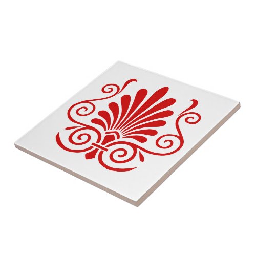 DIY Colors Art Deco Arabesque Plume Red on White Ceramic Tile