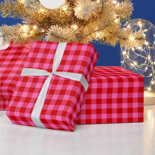 DIY Colors Buffalo Plaid Tartan SV Red Hot Pink Wrapping Paper (Holidays)