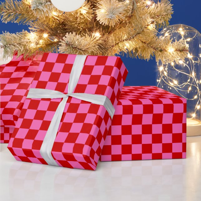 DIY Colors Check Checkerboard Pink Red Wrapping Paper (Holidays)