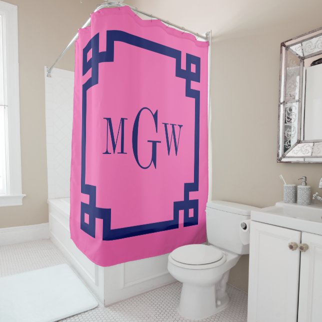 DIY Colors Greek Key #2 Framed 3I Monogm Navy Pink Shower Curtain (In Situ)