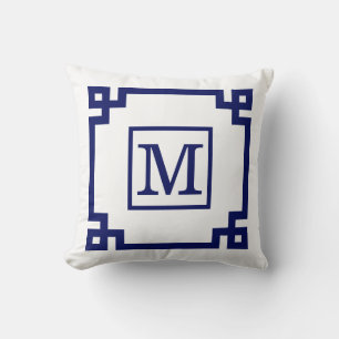 DIY Colors Greek Key #2 Framed Monogm Navy White Throw Pillow