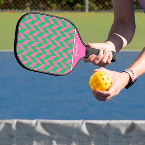 DIY Colors Herringbone Stripes SV Emerald Hot Pink Pickleball Paddle