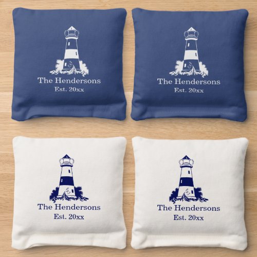 DIY Colors Lighthouse Init Family Name White Blue Cornhole Bags