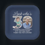 DIY Colors • Look Who's 30 Birthday Party 2 Photo Paper Plates<br><div class="desc">Look who's 30! Add an elegant personalized touch to 30th birthday party decorations for him or her with stylish custom photo paper plates. Pictures and wording on this template are simple to customize. The navy blue and white colors for the background, text and number outlines can all be customized by...</div>