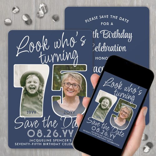 DIY Colors  Look Whos 75 Birthday Party 2 Photo Save The Date