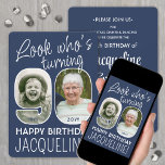 DIY Colors • Look Who's 90 Birthday Party 2 Photo Invitation<br><div class="desc">Look who's turning 90! Invite family and friends to an elegant 90th birthday celebration for him or her with custom 2 photo party invitations. Pictures and wording on this template are simple to personalize. The navy blue and white colors for the background, text and number outlines can all be customized...</div>