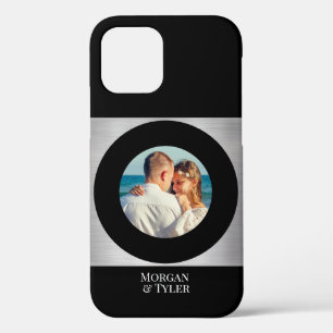 DIY Couple's Photo & Names Blk Circle Silver Black iPhone 12 Pro Case