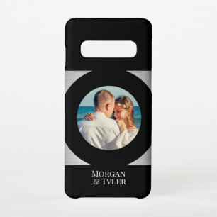 DIY Couple's Photo & Names Blk Circle Silver Black Samsung Galaxy S10 Case
